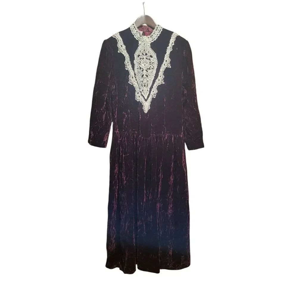 Vintage 80s McClintock Talbots Dress Women's XL Wine Velvet Lace Victorian